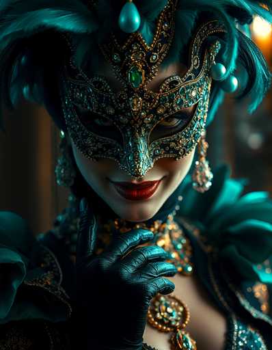 This image depicts a woman in an elaborate costume, reminiscent of a Mardi Gras mask. The mask is predominantly green with intricate gold designs and adorned with various jewels, including a prominent green jewel at the center. The mask covers her eyes and nose, leaving her mouth and chin visible. She has striking red lipstick and is wearing black gloves. Her attire is equally ornate, featuring a green dress with gold accents and a large, round green jewel at the center of her chest. She also wears long, dangling earrings that complement her mask. The background is blurred, with a hint of a yellow light in the upper right corner, suggesting an indoor setting. The overall color scheme is dominated by green and gold, enhancing the mask's opulent appearance.