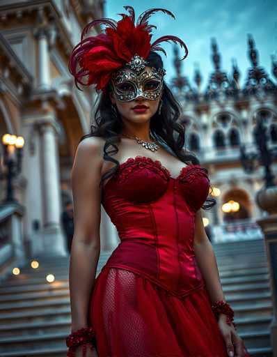 In this captivating image, a woman stands poised at the top of a grand, ornate staircase, framed by an elaborate, old European-style building. The structure, reminiscent of a castle, features intricate details and is adorned with numerous lights that cast a warm glow on the scene. The woman, with her long, dark curly hair cascading over her shoulders, exudes elegance in a striking red dress. The dress is intricately designed with a corset top, a fishnet skirt, and a sheer overlay that adds a touch of mystery. She accessorizes with red bracelets on both wrists, a silver necklace, and a silver mask that covers her eyes, adorned with red feathers and a prominent red feather on top. Her lips are painted a vivid red, complementing the overall color scheme of her attire. The image, with its rich details and dramatic lighting, evokes a sense of timeless beauty and grandeur.