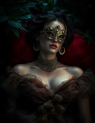 The image depicts a woman in a striking, artistic style reminiscent of a painting or a highly detailed digital illustration. She is adorned in an elaborate costume featuring a low-cut, frilly dress in shades of brown and red, with a prominent bow at the center of her chest. Her skin is very pale, and she wears a thick, ornate choker necklace made of gold beads that extends down to her chest. She has large, gold hoop earrings that dangle from her ears, and her dark brown hair is styled in an elegant updo. Her lips are painted a vivid red, and she wears a golden mask that covers her eyes, embellished with various jewels in blue, yellow, and green. The background is dark, with a hint of green leaves, and she appears to be leaning against a red pillow or cushion. The overall composition is rich in detail, with a focus on her ornate attire and the intricate accessories that enhance her regal appearance.