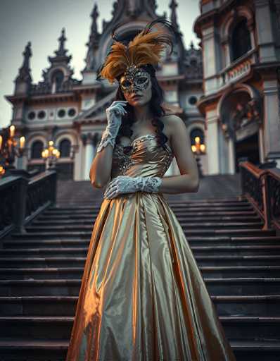 In this captivating image, a woman stands elegantly on a grand staircase, framed by a majestic, castle-like building in the background. The structure, reminiscent of a European palace, features intricate architectural details, including arched windows and ornate railings. The building's facade is adorned with numerous lights, casting a warm glow that enhances the scene's enchanting atmosphere.

The woman is dressed in a stunning, golden gown that shimmers with intricate designs. Her attire is complemented by white gloves, adding a touch of classic sophistication. She wears a striking mask that covers her eyes and nose, adorned with vibrant orange feathers and black accents, giving her an air of mystery and allure. Her long, dark hair cascades down her back, adding to her regal appearance.

Her pose is graceful and poised, with one hand gently touching her mask and the other resting on her waist. The staircase beneath her is grand, with steps that appear to be made of stone or marble, leading up to the imposing building. The overall composition of the image exudes a sense of timeless elegance and grandeur, capturing a moment of refined beauty.