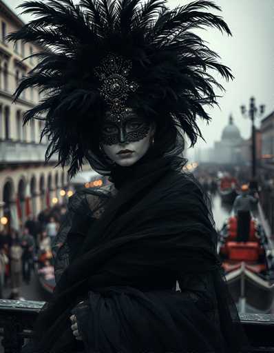 A woman is standing on a balcony with her back to the camera, wearing a black feathered mask and a long black dress that covers most of her body except for her face. The balcony has a railing behind her, and in the background there are buildings visible through the windows.