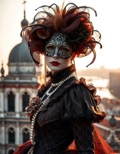 The image depicts a woman dressed in elaborate attire reminiscent of a bygone era, possibly the 1800s or 1900s. She is adorned in a black lace dress with intricate floral patterns, featuring puffy sleeves and a high neckline. Around her neck, she wears multiple strands of pearls, with the longest strand cascading down to her waist. Her head is crowned with a striking black lace hat, embellished with red feathers and delicate lace flowers. A silver mask with black accents covers her eyes, adding an air of mystery. She gazes directly at the camera, her lips painted a vivid red. The background is a blurred cityscape, with a prominent building featuring a large dome and spire, suggesting a European setting. The overall scene evokes a sense of historical grandeur and elegance.