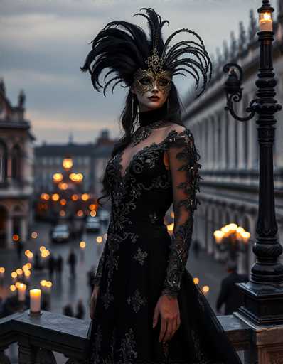 A woman in a black masquerade ball gown and elaborate mask stands on a balcony overlooking a bustling city street at dusk. The scene is bathed in soft, warm light from the street lamps and candles lining the balcony railing, creating a dramatic contrast with the cool tones of the twilight sky. The woman's gown is adorned with intricate lace and embellishments, while her mask features a detailed design with feathers and jewels. Her long, dark hair cascades down her shoulders, framing her face as she gazes out at the city below. The blurred background suggests a lively atmosphere, with people walking and cars driving on the street. The overall mood is one of mystery, elegance, and a touch of fantasy.