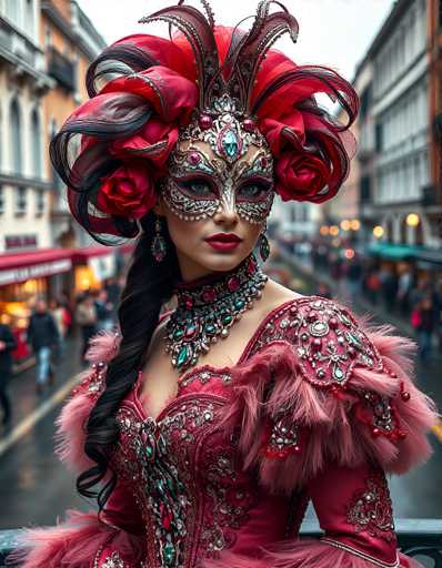 In this captivating photograph, a woman stands elegantly in the middle of a bustling street, adorned in an exquisite costume reminiscent of a bygone era. Her attire is a striking ensemble of rich reds and pinks, featuring a dress with intricate silver embellishments and feathered sleeves. The dress is low-cut, revealing a hint of cleavage, and is complemented by a matching red feathered skirt. Around her neck, she wears a lavish necklace adorned with red jewels and pearls, adding to her regal appearance.

Her face is partially obscured by a mask that covers her eyes and nose, leaving her lips and chin visible. The mask is decorated with red jewels and intricate silver designs, enhancing the mystery of her expression. Her long, black hair cascades down her right shoulder, contrasting beautifully with her fair skin and vibrant red lipstick.

Atop her head, a headdress resembling a crown is adorned with red feathers and roses, further accentuating her majestic look. The background reveals a lively street scene with people walking on both sides, flanked by buildings with red awnings and illuminated by streetlights. The overall ambiance suggests a festive atmosphere, possibly during a parade or a special event, with the woman being the focal point of attention.