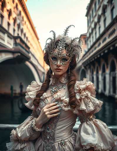 The image depicts a young woman, likely in her early 20s, dressed in an elaborate costume reminiscent of a bygone era. She stands in front of a canal, with buildings lining both sides of the waterway. The architecture features arched doorways and windows, with a bridge visible in the background. The sky above is a light blue, suggesting it is either early morning or late evening.

The woman has long, reddish-brown hair styled in two braids that fall over her shoulders. She wears a striking silver mask adorned with intricate designs, including feathers and floral patterns, which partially covers her eyes and nose. Her attire is a light pink dress with puffy sleeves and a corset-like bodice, embellished with silver and blue accents. A large, ornate necklace rests around her neck, adding to her elegant appearance. She also wears long, dangling earrings that complete her sophisticated look.