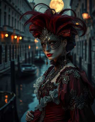 The image depicts a woman in a striking, elaborate costume reminiscent of a Mardi Gras mask. She wears a black mask adorned with intricate silver designs and red feathers, covering her eyes and nose. Her lips are painted a vivid red, and she has long, dangling earrings. Her attire is a rich burgundy dress with a high collar, embellished with silver and gold accents, and frilly white details around the chest. The dress features a deep V-neckline and long sleeves. She stands in a narrow, dimly lit alleyway flanked by tall, old buildings with lights hanging from their facades. The ground appears to be a mix of dirt and water, with boats docked nearby. The scene is set at night under a full moon, casting a soft glow over the entire setting.