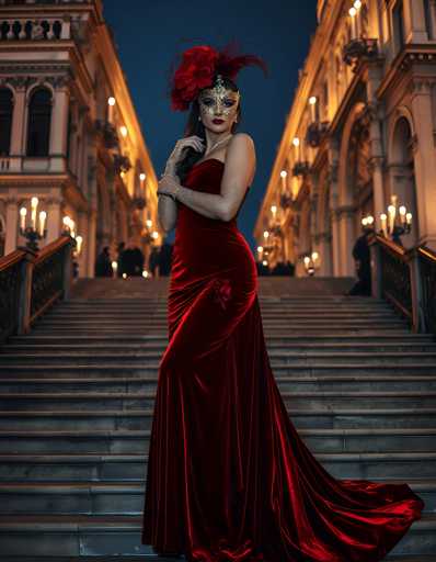 A woman is standing on a set of stairs with her arms crossed and wearing a red dress that falls down to the floor. She has a mask covering her face and is looking directly at the camera. The background features a building with ornate architecture and lights illuminating it against the dark sky, creating an atmospheric setting for the scene.