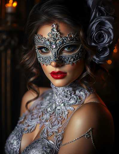 The image depicts a woman in a striking, ornate costume reminiscent of a Mardi Gras mask. She is wearing a silver mask that covers her eyes and nose, adorned with intricate designs and large, sparkling jewels. Her dark brown hair is styled in loose curls, and a large blue rose is tucked into her hair on the right side. The woman's skin is a light tan, and she has vivid red lipstick. She is dressed in a silver, lacy outfit that extends from her neck down to her chest, with a low-cut neckline. A silver chain drapes over her left shoulder, adding to the elaborate nature of her attire. The background is dark, with a few orange lights visible, enhancing the dramatic and festive atmosphere of the scene.