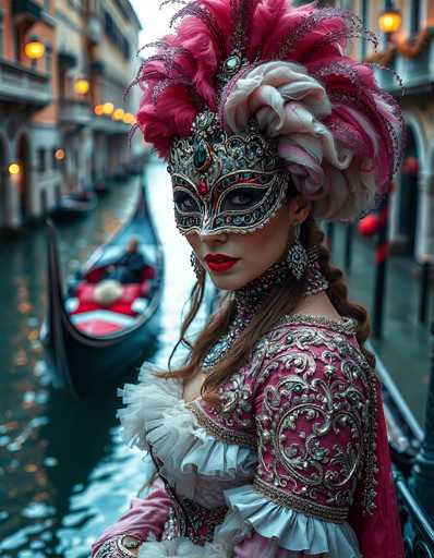 In this captivating photograph, a woman stands poised on a balcony, exuding elegance in a striking pink dress adorned with intricate silver and gold embroidery. Her dress features a heart-shaped design on the chest and is complemented by white ruffles around the neckline and sleeves. She wears a matching pink jacket with similar white ruffles. Her long brown hair is styled in a braid, and she accessorizes with a silver necklace and dangling earrings. Her face is partially obscured by a silver mask, which covers her eyes and nose, and is adorned with pink feathers and white flowers on top. Her lips are painted a vivid red, adding a touch of boldness to her look.

The background reveals a picturesque canal scene reminiscent of Venice, with buildings lining both sides of the waterway. A small gondola, steered by a man in a black shirt, glides through the canal, carrying a passenger in a red shirt. The canal is flanked by buildings with balconies, some of which have lights hanging from them, adding a warm glow to the scene. The overall ambiance is one of timeless beauty and romance, perfectly captured in this detailed and evocative image.