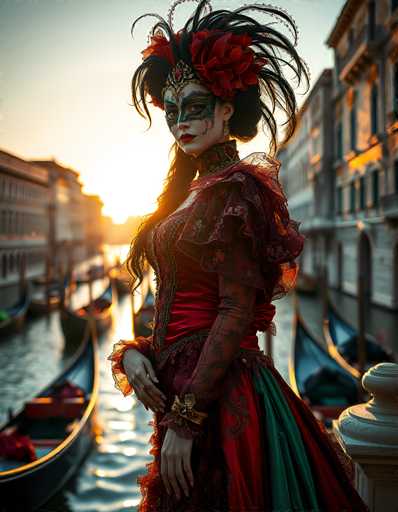 A stunning, highly detailed digital painting of a woman in a Venetian Carnival costume. She is standing on a balcony overlooking a canal, dressed in an elaborate red and green gown with intricate lace details. Her face is partially covered by a dramatic, ornate mask adorned with feathers and jewels, revealing only her eyes. Her long black hair is styled in a voluminous updo with flowing curls and a vibrant red feather adornment. She wears a high, ornate collar and her hands are adorned with golden bracelets. The background features the warm glow of a setting sun reflecting on the water and buildings lining the canal, with blurred gondolas visible in the background. The overall mood is one of mystery, elegance, and a touch of fantasy. The lighting is soft and dramatic, highlighting the textures and details of her costume.