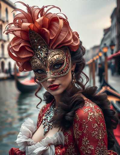 The image depicts a woman in a striking red dress adorned with intricate gold embroidery, standing on a gondola in the canals of Venice. She is wearing a highly ornate Venetian mask that covers her eyes and nose, featuring elaborate designs in gold and red, with a tall, feathered headdress. Her long, dark brown hair cascades down her back, and she wears red lipstick that complements her elegant attire. Around her neck, she sports a large, ornate necklace. The background is slightly blurred, revealing the water of the canal, a gondola to her left, and buildings lining the canal to her right. The overall scene is set against a gray sky, adding a touch of melancholy to the vibrant and detailed portrayal of the woman.