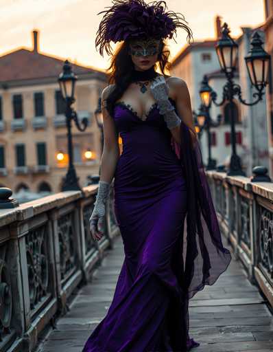 A woman is walking on a bridge at sunset, wearing a purple dress and a feathered mask that matches the color of her hair. She has long dark hair and is carrying a purse in one hand while holding onto a railing with the other. The setting sun casts an orange glow over the cityscape, creating a warm and inviting atmosphere.
