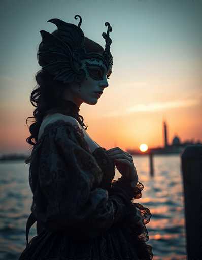 In this evocative photograph, a woman stands in profile, facing to the right, her figure silhouetted against a stunning sunset. She wears an elaborate, dark mask adorned with intricate designs, including a prominent feather-like structure on the left side and a central piece that extends upward, curling at the top. Her dress, reminiscent of Victorian or Renaissance fashion, is a deep, dark hue, possibly black or deep blue, with a high collar and voluminous sleeves that taper at the wrists. The dress features a lace-like detail around the neckline, adding to its ornate appearance. Her long, dark hair cascades down her back, complementing the overall mysterious and elegant aesthetic. The background is a serene body of water, with a distant city skyline and a tall, pointed building silhouetted against the horizon. The sky is a breathtaking gradient of orange, pink, and blue, with the sun setting just above the water, casting a warm glow over the scene. The woman's right hand is raised to her chest, with her fingers gently touching her mask, adding a touch of grace to her poised stance.