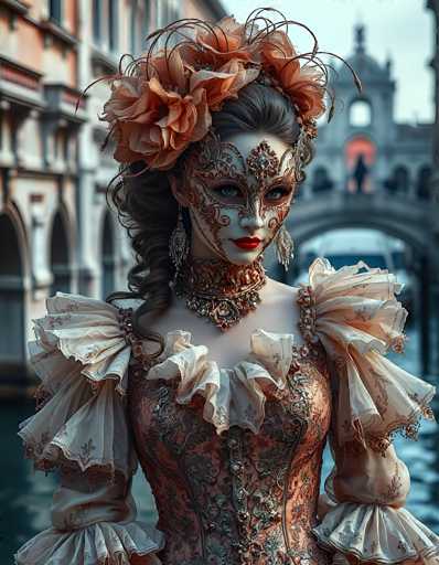 The image depicts a woman dressed in an elaborate costume reminiscent of a Venetian carnival mask. She wears a white mask adorned with intricate gold designs, covering her eyes and extending down to her nose. Her dark brown hair is styled in a ponytail, and atop her head sits a headdress made of large orange flowers, possibly roses, with thin, wire-like branches extending outward. She has striking blue eyes and wears bright red lipstick.

Her attire is equally ornate, featuring a copper-colored dress with white ruffles around the shoulders and chest. The dress is embellished with intricate gold designs and beading, and she wears a thick, ornate choker necklace that complements the dress. The woman stands in front of a blurred background that appears to be a Venetian-style setting, with a canal and a bridge visible. The bridge has a person standing on it, and there are buildings on either side of the canal. The overall scene evokes the grandeur and festivity of a Venetian carnival.