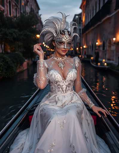 In this captivating photograph, a woman is elegantly seated on a gondola in the middle of a serene canal, flanked by historic buildings. She is adorned in a stunning white gown embellished with intricate silver embroidery, featuring sheer sleeves and a low-cut neckline that accentuates her graceful figure. Her ensemble is complemented by a large, ornate silver mask that covers her eyes and nose, adorned with elaborate feathers and spikes, adding a touch of mystery and allure. Around her neck, she wears a striking silver necklace with a prominent pendant, and a matching choker adds to her opulent appearance. The woman's pose is poised and elegant, with one hand resting on the side of the gondola and the other raised near her face, as if she is about to adjust her mask. The canal is lined with buildings on both sides, some illuminated by warm lights, creating a picturesque and enchanting backdrop for this scene.
