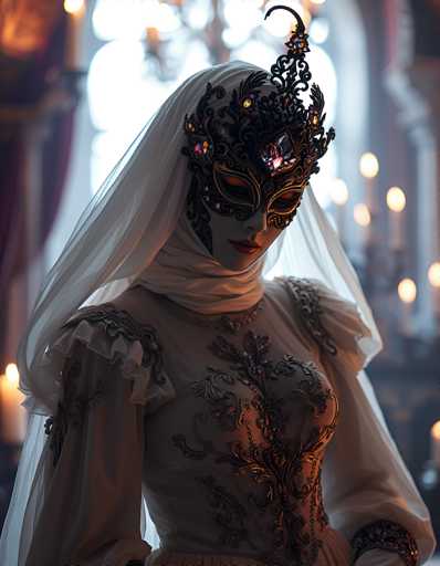 A woman is standing against a backdrop of a large window with white curtains and gold trim. She is wearing a white dress with intricate silver embroidery on the bodice and a black mask adorned with red jewels that covers her face. The woman's gaze is directed straight at the camera, creating an engaging portrait.