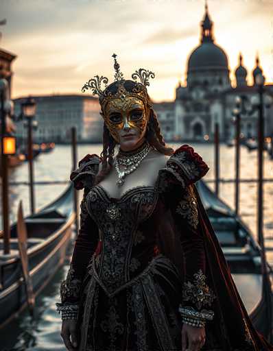 In this captivating photograph, a woman stands elegantly on a gondola in the serene waters of Venice, Italy. She is adorned in a striking black and red velvet gown, intricately detailed with gold embroidery and lace. The dress features puffy sleeves and a corseted bodice, complemented by a flowing skirt. Her ensemble is accentuated by a long red velvet cape draped over her shoulders and a series of ornate necklaces, including a prominent silver choker and a pearl necklace.

Her face is partially obscured by a golden masquerade mask, which covers her eyes and nose, adorned with intricate designs and a cross at the top. The mask is embellished with delicate metalwork, adding to the overall grandeur of her appearance. She wears multiple bracelets on both wrists, and her long brown hair cascades down her back.

The background reveals the iconic Venice skyline, with its historic buildings and a grand dome rising above the horizon. The sky is painted in hues of orange and yellow, suggesting the photograph was taken during the golden hours of sunrise or sunset, casting a warm glow over the scene. The water around the gondola is dark and reflective, adding to the mysterious and enchanting atmosphere of the image.