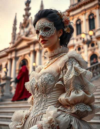 The image depicts a woman dressed in an elaborate, Victorian-style costume, standing on a grand staircase. She is adorned in a cream-colored gown with intricate lace detailing, featuring a high neckline and voluminous, puffy sleeves. Her gown is accentuated with a corset-like bodice and a voluminous skirt. The woman wears a delicate, white lace mask that covers her eyes and nose, adorned with floral embellishments. Her dark hair is styled in an elegant updo, with a large flower clip on the left side of her head. She accessorizes with gold earrings and a gold necklace. In the background, a man in a long red robe and black gloves is visible on the steps, along with a grand, ornate building with columns and arches. The scene is set against a light blue sky, suggesting it is either sunrise or sunset.