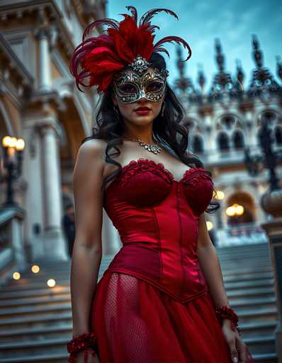 A woman stands confidently against a backdrop of a grand building with ornate columns and intricate carvings. She wears a striking red dress that contrasts beautifully with the muted tones of her surroundings. The woman is adorned with a mask and a feathered headpiece, adding an air of mystery to her appearance.