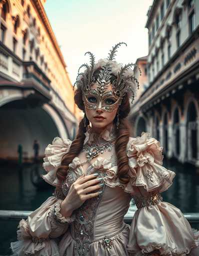 A woman is standing on a bridge with her hands on her hips and wearing a mask that covers most of her face. She is dressed in a white dress with gold accents and has long brown hair styled into braids. The background features buildings and water, suggesting an urban setting.