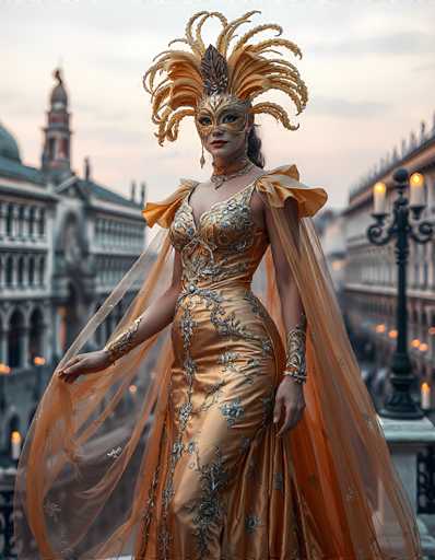 In this captivating photograph, a woman stands elegantly on a balcony, exuding the essence of a bygone era. She is adorned in a stunning, form-fitting gold dress embellished with intricate silver floral patterns. The dress features delicate, translucent orange sleeves that add a touch of ethereal beauty to her ensemble. Her look is completed with a matching sheer orange cape that cascades gracefully behind her.

Her face is partially obscured by an exquisite mask, which covers her eyes and nose. The mask is adorned with elaborate gold feathers that fan out dramatically, creating a regal and mysterious aura. Complementing the mask, she wears a choker necklace that adds a touch of opulence to her attire.

The balcony she stands on is part of a grand, historic building, with a majestic tower visible in the background. The sky above is a soft, light blue, suggesting the tranquil moments of either dawn or dusk. To her right, a black street lamp with two glowing yellow candles adds a touch of vintage charm to the scene. The overall composition captures a moment of timeless elegance and beauty.