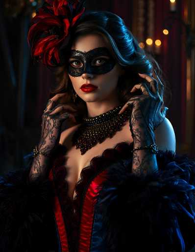 The image portrays a striking woman in a detailed, gothic-inspired costume. She wears a black mask that covers her eyes, complemented by a large red feather adorning the top left of her head. Her long, dark brown hair cascades down, framing her face. She is dressed in a low-cut, red and black dress with frilly, feathered sleeves that extend to her wrists. Her hands are adorned with black lace gloves, and she wears a thick, ornate necklace with red and blue jewels. The background is dark and blurred, featuring a red curtain and a few yellow lights, adding to the mysterious and dramatic atmosphere of the scene.