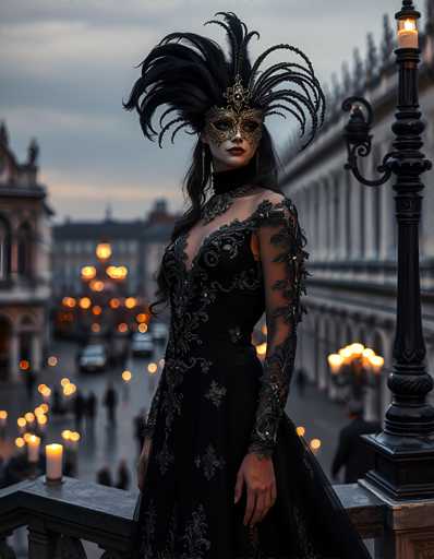A woman stands on a balcony with her back to the camera, wearing a black feathered mask and dress that is adorned with sequins. The balcony overlooks a city street lined with buildings of various architectural styles, including a large white building with ornate decorations in the background.