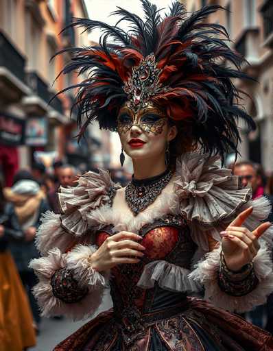 The image depicts a woman dressed in an elaborate costume reminiscent of a Mardi Gras mask. She wears a striking headdress adorned with large black and red feathers, and a mask that covers her eyes, featuring intricate designs in gold and black. Her lips are painted a vivid red, and she has long, dangling earrings. The woman is dressed in a red corset with white lace sleeves and a white ruffled collar. Her right hand is raised, with her index finger and thumb extended, while her left hand rests on her chest. The background is blurred, showing indistinct figures and buildings, suggesting an outdoor setting. The overall scene is vibrant and colorful, with hues of red, black, gold, blue, and white.