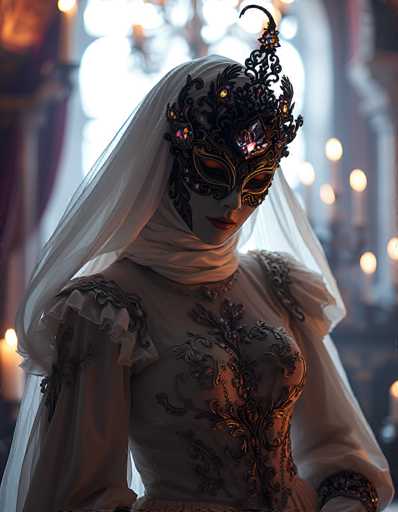 The image depicts a woman dressed in an elaborate, medieval-inspired outfit. She wears a white dress adorned with intricate gold embroidery, featuring a high neckline and puffy sleeves that taper down to her wrists. A white scarf is wrapped around her neck, and a sheer white veil drapes over her head. Her face is partially obscured by a striking mask that covers her eyes and nose, embellished with gold and black designs, and adorned with pink and purple jewels. The mask's top extends into a decorative, crown-like structure. The background is blurred, revealing a large window and several lit candles, adding to the medieval ambiance of the scene.