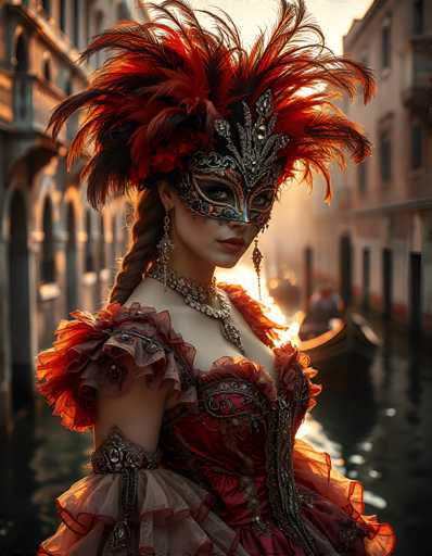 In this captivating photograph, a woman stands poised in the foreground, adorned in an exquisite Venetian-style mask and an opulent red dress. The mask, intricately designed with silver metalwork and vibrant red feathers, covers her eyes and nose, leaving her striking blue eyes and red lips visible. Her long brown hair is elegantly braided, cascading down her back. She wears a matching red feathered headdress that complements her mask.

Her dress is a masterpiece of design, featuring a sweetheart neckline and a fitted bodice embellished with intricate silver beading and lace. The dress flares out into a voluminous skirt with layers of sheer red fabric, creating a dramatic silhouette. A silver belt with a prominent medallion cinches her waist, adding to the dress's grandeur.

The background reveals a picturesque Venetian canal, with tall buildings lining both sides. A gondola, steered by a gondolier, glides through the water, adding to the scene's authenticity and charm. The setting sun casts a warm, golden light over the entire scene, enhancing the romantic and timeless atmosphere.