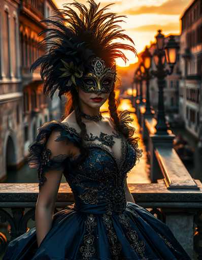 In this captivating image, a woman stands elegantly on a marble balcony, exuding the allure of a bygone era. She is adorned in a stunning blue dress, intricately embellished with gold and silver accents, featuring a deep V-neckline and a voluminous skirt. Her dress is further enhanced by delicate lace details and frills on the shoulders, adding to its opulence. The woman's face is partially obscured by a striking blue and gold mask, which covers her eyes and nose, leaving only her vivid red lips and expressive eyes visible. Her long brown hair cascades down, framing her face beautifully. Atop her head, a grand black feathered headdress adds an air of drama and sophistication. The balcony she stands on overlooks a serene body of water, with a picturesque bridge and buildings in the background. The setting sun casts a warm, golden glow over the scene, creating a magical atmosphere that complements her elegant attire.