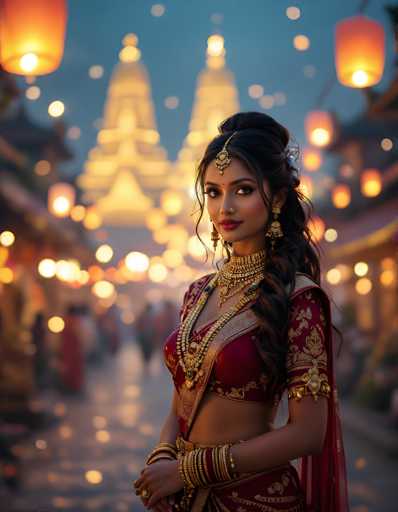 A beautiful woman in a traditional Indian outfit, adorned with intricate gold jewelry and a vibrant red and gold ensemble, stands confidently in the foreground. She gazes directly at the viewer with a captivating expression, her dark hair styled elegantly and adorned with traditional jewelry. The background is softly blurred, showcasing a bustling street scene illuminated by numerous glowing lanterns and the warm glow of distant temple structures. The overall atmosphere is one of cultural richness, festivity, and a touch of mystery.