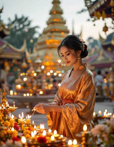 In this captivating photograph, a young Asian woman stands gracefully in the foreground, adorned in a stunning gold kimono with intricate floral embroidery. Her hair is elegantly styled in a bun, accentuated by a delicate white and gold flower clip, and she wears long, dangling earrings that catch the light. She is focused intently on lighting a candle amidst a table filled with numerous lit candles and flowers, creating a serene and sacred atmosphere. The background, though blurred, reveals a majestic, multi-tiered pagoda illuminated with warm yellow lights, surrounded by other buildings and people, suggesting a festive or ceremonial setting. The overall scene is bathed in a soft, golden glow, enhancing the sense of tranquility and reverence.