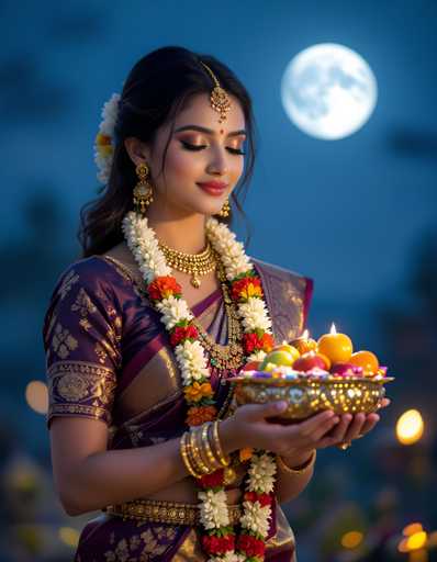 A woman is standing against a backdrop of a full moon and trees with yellow leaves. She is wearing traditional Indian attire consisting of a purple saree adorned with gold embroidery and a gold necklace. The woman holds a tray filled with fruits in her hands.