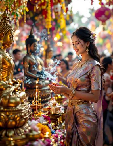 A woman dressed in a pink and gold sari is standing before a statue of Buddha at the entrance of a temple, holding an incense stick and lighting it with a matchstick. The temple is adorned with colorful flowers and lanterns, creating a vibrant and serene atmosphere.