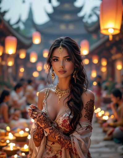 In this captivating photograph, a young woman of Indian descent stands gracefully in the foreground, adorned in traditional attire. She wears a stunning white dress embellished with intricate red floral patterns and delicate gold trim. Her ensemble is complemented by a matching white shawl draped elegantly over her shoulders. Her long, dark brown hair cascades down her left shoulder, partially obscuring her face, while her right shoulder remains bare, showcasing her intricate henna designs that extend from her fingertips to her elbows.

Her makeup is meticulously applied, with bold red lipstick and carefully manicured eyebrows enhancing her features. A golden ornament, resembling a small crown, sits atop her head, adding a regal touch to her appearance. She gazes directly at the camera, exuding confidence and poise.

The background is softly blurred, drawing attention to her while still providing context. It features a traditional Asian-style building with a tiered roof, adorned with numerous lanterns that cast a warm, yellow glow. People are seated on the ground, engaged in what appears to be a communal gathering, with lit candles adding to the serene and festive atmosphere. The overall scene is rich with cultural elements, creating a vivid and enchanting portrait.