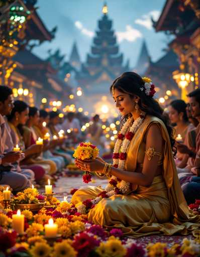 A woman dressed in traditional Indian attire is seated on a mat surrounded by flowers and candles, with the backdrop of a temple visible in the distance.