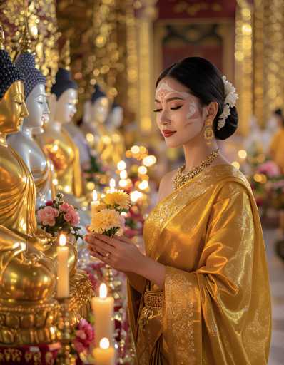 A woman dressed in traditional Thai clothing stands before a shrine adorned with gold statues and lit candles, holding a bouquet of flowers.