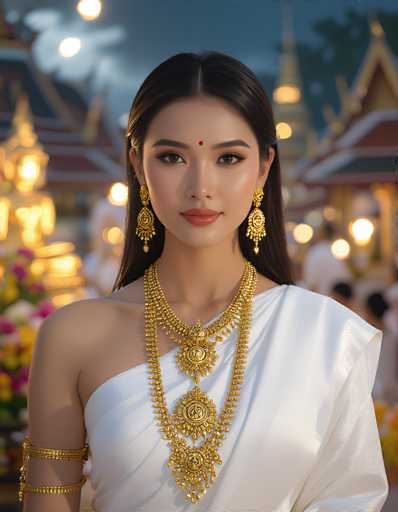 The image depicts a young woman, possibly of Indian or Thai descent, adorned in traditional attire. She has long, dark hair and is wearing a striking red bindi on her forehead. Her makeup is meticulously applied, featuring bold red lipstick and dramatic eye makeup. She is dressed in a white, one-shoulder dress that leaves her left shoulder bare. Around her neck, she wears an elaborate gold necklace with three tiers, each tier featuring a large medallion. Her ears are adorned with long, dangling gold earrings, and she has a gold armband on her right arm. The background is blurred but suggests a nighttime setting with a dark sky and illuminated buildings, possibly temples, adding a serene ambiance to the scene.