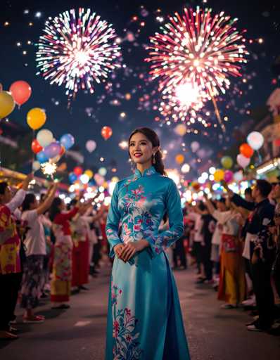 In this vibrant nighttime scene, a young Asian woman stands at the center of a bustling street, her long black hair cascading down her back. She is adorned in a striking blue satin dress, intricately decorated with floral patterns in shades of pink, blue, and purple. Her hands are clasped together in front of her, and she wears a warm, inviting smile. Surrounding her, a crowd of people, dressed in equally colorful attire, raises their arms and holds up an array of balloons in hues of red, yellow, blue, and purple. The festive atmosphere is further enhanced by the brilliant fireworks exploding in the dark sky above, casting a magical glow over the entire scene.