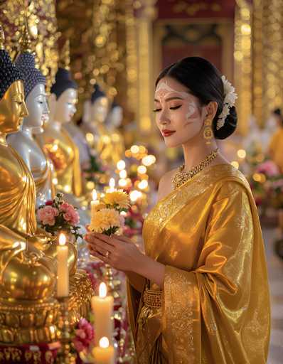 In this detailed photograph, a young woman of Asian descent stands in a serene, ornate room adorned with golden Buddha statues and intricate decorations. She is dressed in a luxurious gold satin sari, complemented by a matching gold necklace and large gold earrings. Her dark hair is elegantly styled in a bun, adorned with a white flower. The woman's face is painted with intricate designs, including a red dot on her forehead, and she wears red lipstick. She holds a small bouquet of yellow and pink flowers in her hands, which also feature a gold ring on her ring finger. Her eyes are closed, and she appears to be in a meditative state, looking down at the Buddha statues before her. The statues are gold with black hair, and the room is filled with lit candles, adding to the tranquil atmosphere. The background is blurred, emphasizing the woman and the statues, with hints of other people and more golden elements.