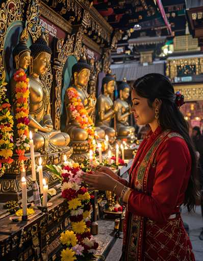 In this detailed photograph, a woman stands in profile, facing left, in front of a row of five golden Buddha statues. She is adorned in a vibrant red dress with intricate gold and blue embroidery, and her long black hair is pulled back into a ponytail secured with a red and blue flower. She wears a bracelet on her left wrist and a watch on her right. The woman is holding a colorful garland of flowers—red, yellow, pink, and white—which she appears to be placing on a table in front of the statues. The Buddha statues, each with black hair and dressed in traditional attire, are seated cross-legged with their hands in a prayer position. Each statue is adorned with a similar garland of flowers around their necks. In front of the statues, there are lit candles and additional garlands of flowers, adding to the sacred ambiance. The background reveals a bustling cityscape with buildings and other people, suggesting the setting is a popular tourist spot. The overall scene captures a moment of reverence and cultural richness.
