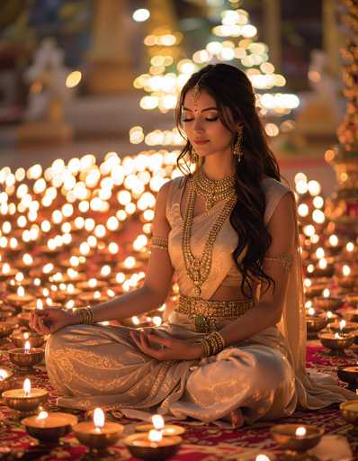 A serene woman in a traditional Indian outfit sits in a meditative pose amidst numerous lit oil lamps. The scene is bathed in warm, soft light emanating from the diyas and the background lights, creating a peaceful and spiritual atmosphere. She is adorned with intricate jewelry and her expression suggests deep concentration or tranquility. The background features a blurred, softly lit setting that hints at a temple or sacred space.