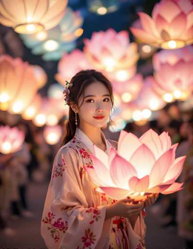 In this captivating image, a young Asian woman stands at the center, exuding elegance and grace. She is adorned in a traditional kimono, predominantly white with intricate floral patterns in shades of pink, red, and green. Her long, dark brown hair is styled in a ponytail, with delicate flowers woven into it, complementing her long, dangling earrings. Her makeup is subtle yet striking, featuring light pink lipstick that complements her serene expression.

In her hands, she holds a glowing lotus flower, its petals illuminated from within, casting a soft light that enhances the ethereal atmosphere of the scene. The background is a blur of similar lotus-shaped lanterns, creating a dreamy, almost magical ambiance. These lanterns, also glowing with light, add depth and texture to the image, though they remain indistinct. The overall composition, with its focus on the woman and the lotus lanterns, evokes a sense of tranquility and cultural richness, making it a visually stunning and memorable photograph.