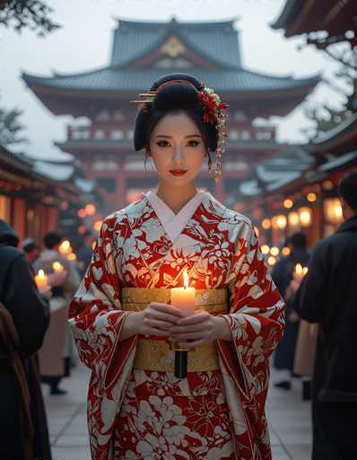 In this captivating image, a young Asian woman stands gracefully in the foreground, adorned in a traditional kimono. The kimono features a striking red and white floral pattern, complemented by a gold obi sash that cinches her waist. Her black hair is elegantly styled into a bun, accentuated by a red hair tie and a delicate red and white flower clip on the right side of her head. She holds a lit candle in her hands, adding a warm glow to the scene.

Behind her, a magnificent pagoda rises, its architecture characterized by a black roof with red trim and a distinctive triangular shape. The pagoda's structure is adorned with numerous windows, and its base is painted a vibrant red. Flanking the pagoda are two long, rectangular buildings, each illuminated by numerous candles that cast a soft, ambient light.

The scene is bustling with people, all dressed in dark attire, moving along a pathway that stretches into the distance. The ground beneath them is paved with white tiles, adding a touch of elegance to the setting. The sky above is overcast, casting a muted light over the entire scene, which enhances the serene and contemplative atmosphere of the image.