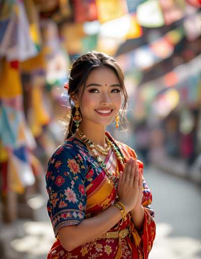 A young woman in a vibrant traditional Nepali outfit is captured in a close-up portrait, her hands clasped together in a gesture of prayer or greeting. She is wearing a beautiful red and blue patterned top with intricate gold detailing, paired with a colorful skirt. Her jewelry includes a multi-layered necklace and matching earrings. Her hair is styled in a neat braid adorned with flowers, and her makeup enhances her features. The background is softly blurred, showcasing a colorful array of prayer flags hanging in the distance, creating a warm and festive atmosphere. The lighting is soft and natural, highlighting her radiant smile and the intricate details of her attire.