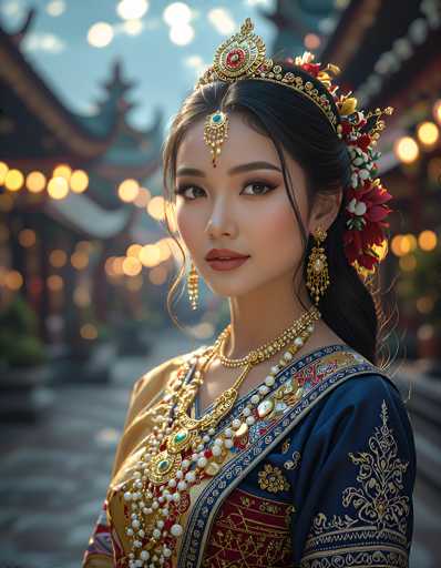 The image depicts a young woman, possibly of Indian or Middle Eastern descent, adorned in traditional attire. She is wearing an elaborate blue dress with intricate gold embroidery and a red sash. Her outfit is complemented by numerous pieces of jewelry, including a gold necklace with pearls, a choker, and a forehead ornament. Her headdress is a golden crown adorned with flowers and a prominent red jewel. The woman has long black hair, styled with flowers and a gold chain. She is standing in front of a blurred background that appears to be a street lined with buildings, illuminated by lights, suggesting an evening setting. The overall scene is vibrant and colorful, with the woman's ornate attire and jewelry drawing the viewer's attention.