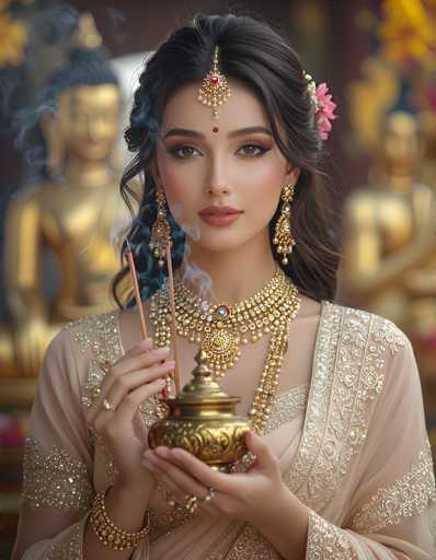 The image depicts a young woman, possibly of Indian or Middle Eastern descent, adorned in traditional attire. She has long, dark brown hair styled in a braid that drapes over her right shoulder, with a pink flower tucked into it. Her makeup is meticulously applied, featuring light pink lipstick and brown eyes accentuated with eyeliner. A prominent red dot, known as a bindi, adorns her forehead, and a golden ornament with a red jewel hangs from her hairline.

She is dressed in a light pink, sheer gown embellished with intricate gold embroidery and beading. The dress features long sleeves and a V-neckline, with a gold brooch at the center of her chest. Around her neck, she wears a heavy, ornate necklace composed of multiple strands of gold and pearls, with a large pendant hanging in the middle.

In her hands, she holds a small, golden pot with a lid, from which smoke is rising, suggesting it might be used for burning incense. She also holds two incense sticks in her right hand. Her wrists are adorned with gold bracelets, and she wears rings on both hands. The background is blurred but appears to include golden statues, possibly of Buddha, adding to the serene and traditional ambiance of the scene.