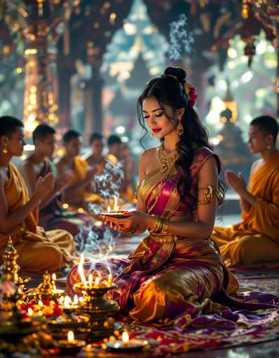 In this captivating image, a woman of Asian descent is seated on a plush, intricately designed carpet adorned with vibrant hues of purple, red, and gold. She is dressed in a stunning, sleeveless dress that features a striking combination of gold and red, with a single strap elegantly draped over her shoulder. Her ensemble is complemented by a gold belt and an array of gold bracelets on her wrist, as well as a gold armband on her upper arm. Her long, dark hair is styled in a bun, accentuated by a red flower and a gold barrette. She wears long, dangling gold earrings and a gold necklace, adding to her regal appearance.

The woman is holding a small dish with a lit candle, from which smoke gently rises. In front of her, there are several other dishes, each containing a candle that is also burning, creating a serene and mystical ambiance. Surrounding her are several men dressed in saffron-colored robes, reminiscent of Buddhist monks. They are seated cross-legged on the floor, some with their hands raised in a gesture of prayer, while others gaze down at the ground. The background is softly blurred, drawing focus to the woman and the ceremonial scene around her.