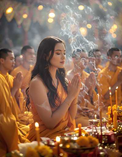 In this captivating photograph, a serene woman stands at the center, her hands clasped in prayer and her eyes gently closed. She is adorned in a striking orange dress, which complements the vibrant atmosphere around her. The background is a blur of orange hues, creating a warm and ethereal ambiance. Surrounding her are several men, also dressed in orange, who share in the moment of quiet reflection. In front of the woman, a table is laden with an array of offerings, including lit candles, flowers, and various dishes, suggesting a ceremonial or spiritual setting. The scene is further enhanced by the presence of wisps of smoke that seem to emanate from the table, adding an element of mystique. The overall composition is a harmonious blend of colors and elements, capturing a moment of deep reverence and spiritual connection.